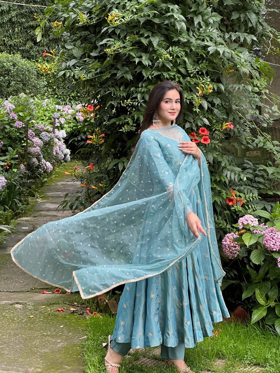 Wedding Wear Sky Blue Color Vichitra Silk Designer Anarkali Gown