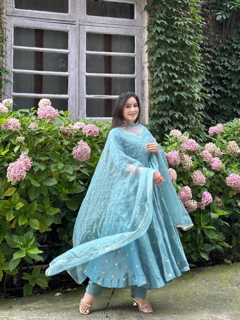 Wedding Wear Sky Blue Color Vichitra Silk Designer Anarkali Gown