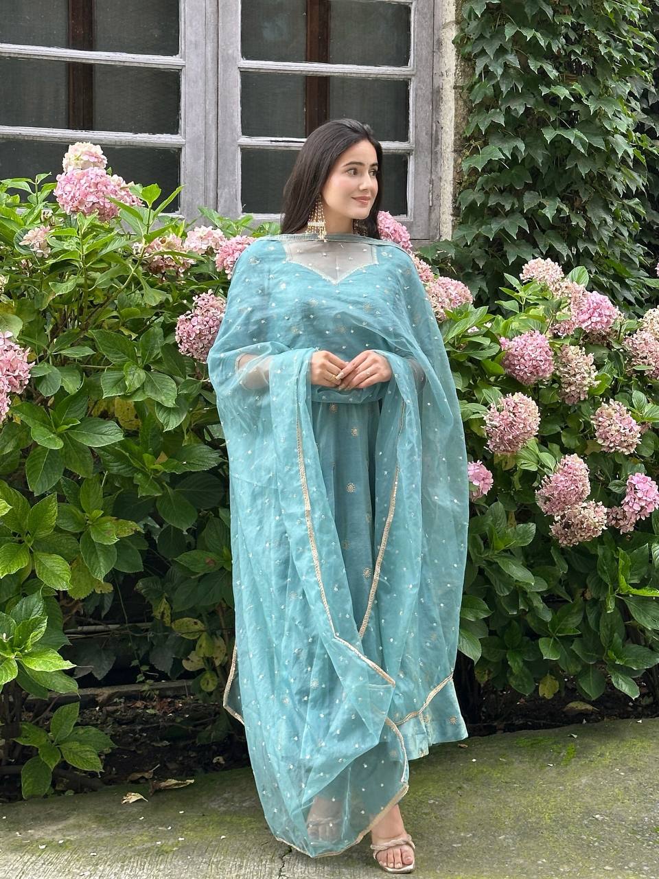 Wedding Wear Sky Blue Color Vichitra Silk Designer Anarkali Gown