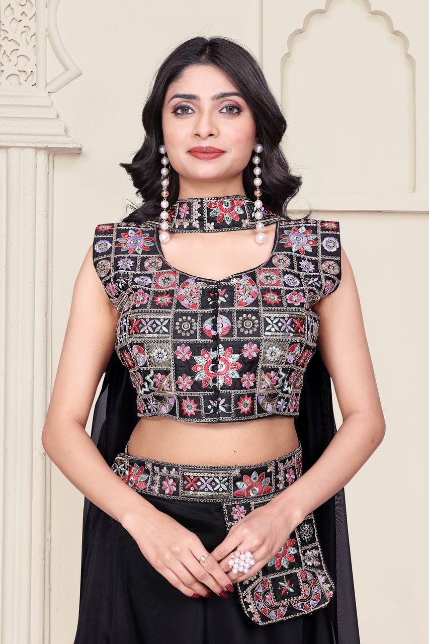Luxuriant Black Color Tabby Silk With Embroidery Sequence Work Traditional Lehenga Choli