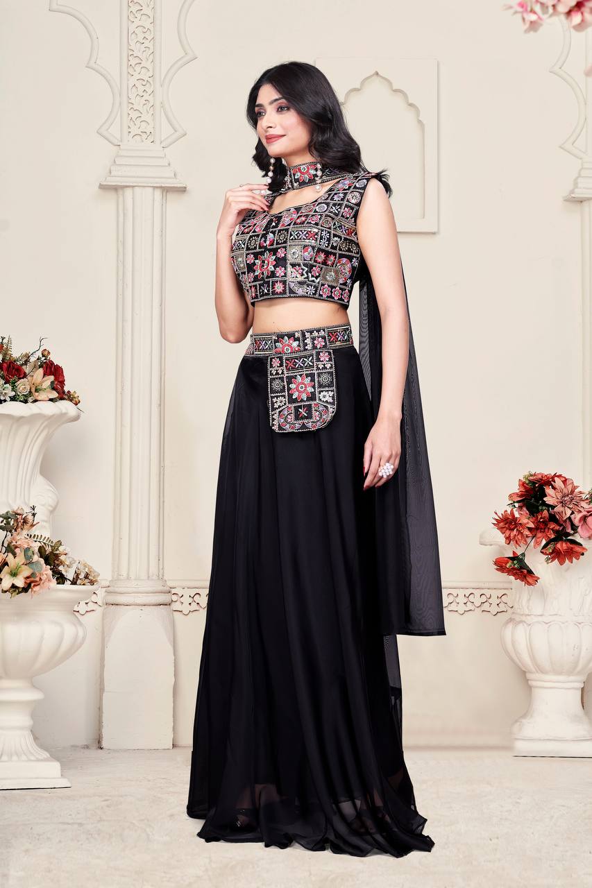 Luxuriant Black Color Tabby Silk With Embroidery Sequence Work Traditional Lehenga Choli