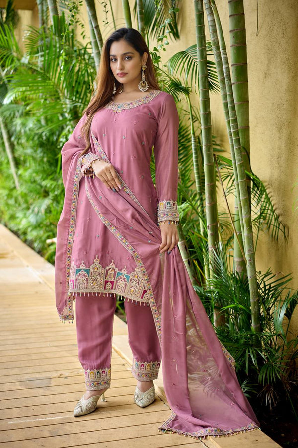 Reception Wear Pink Color Organza Silk Embroidery Work Salwar Suit