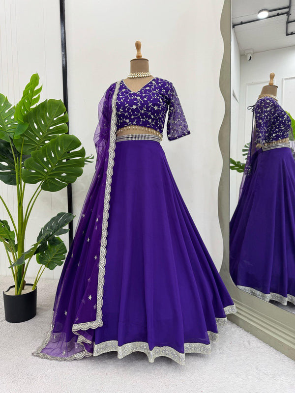 Beautiful Royal Blue Color Faux Georgette With Thread And Sequence Work Lehenga Choli