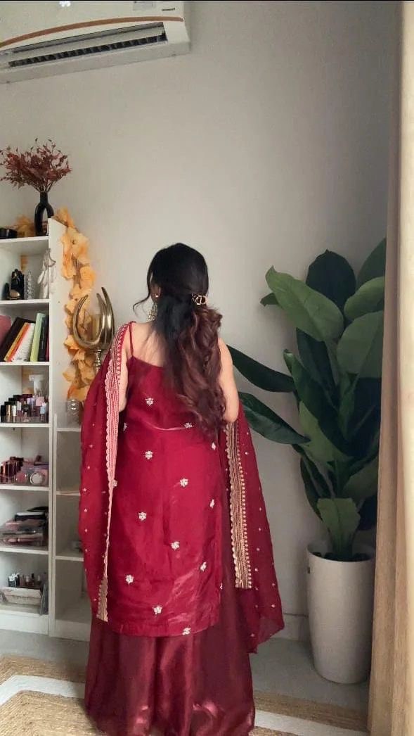 Party Wear Dark Red Color Jimmy Choo And Thread With Sequence Work Palazzo Suit