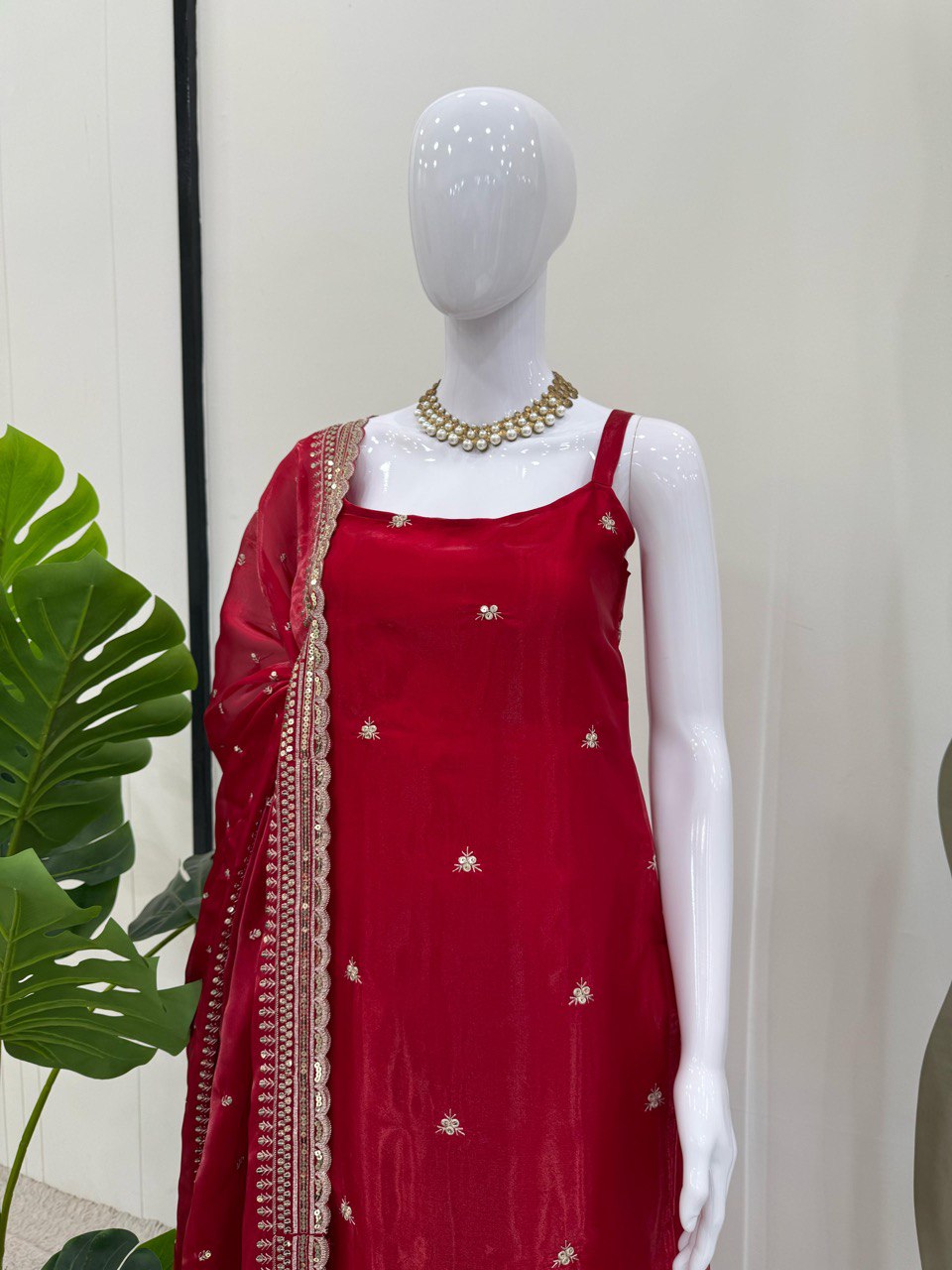 Party Wear Dark Red Color Jimmy Choo And Thread With Sequence Work Palazzo Suit
