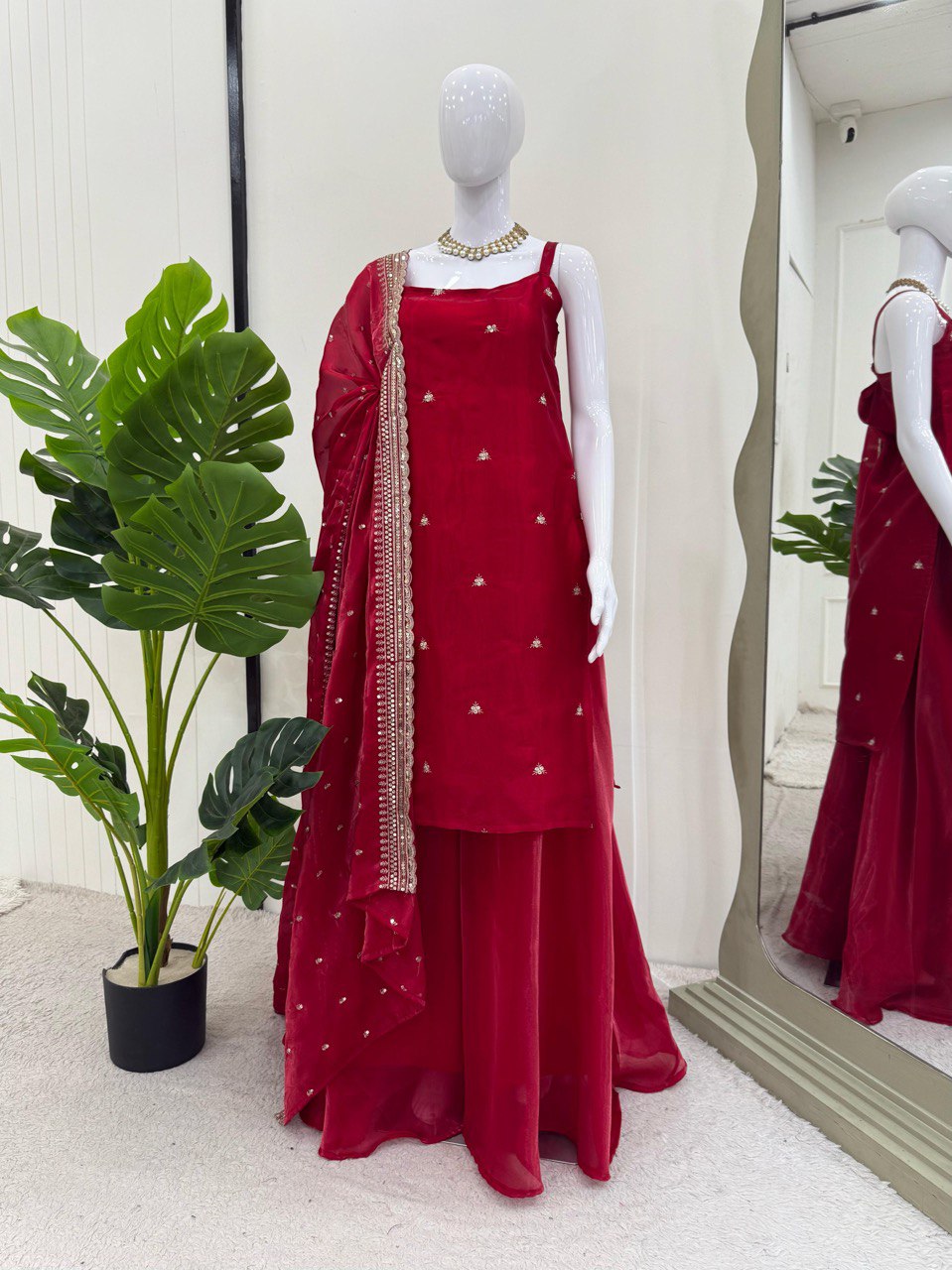 Party Wear Dark Red Color Jimmy Choo And Thread With Sequence Work Palazzo Suit