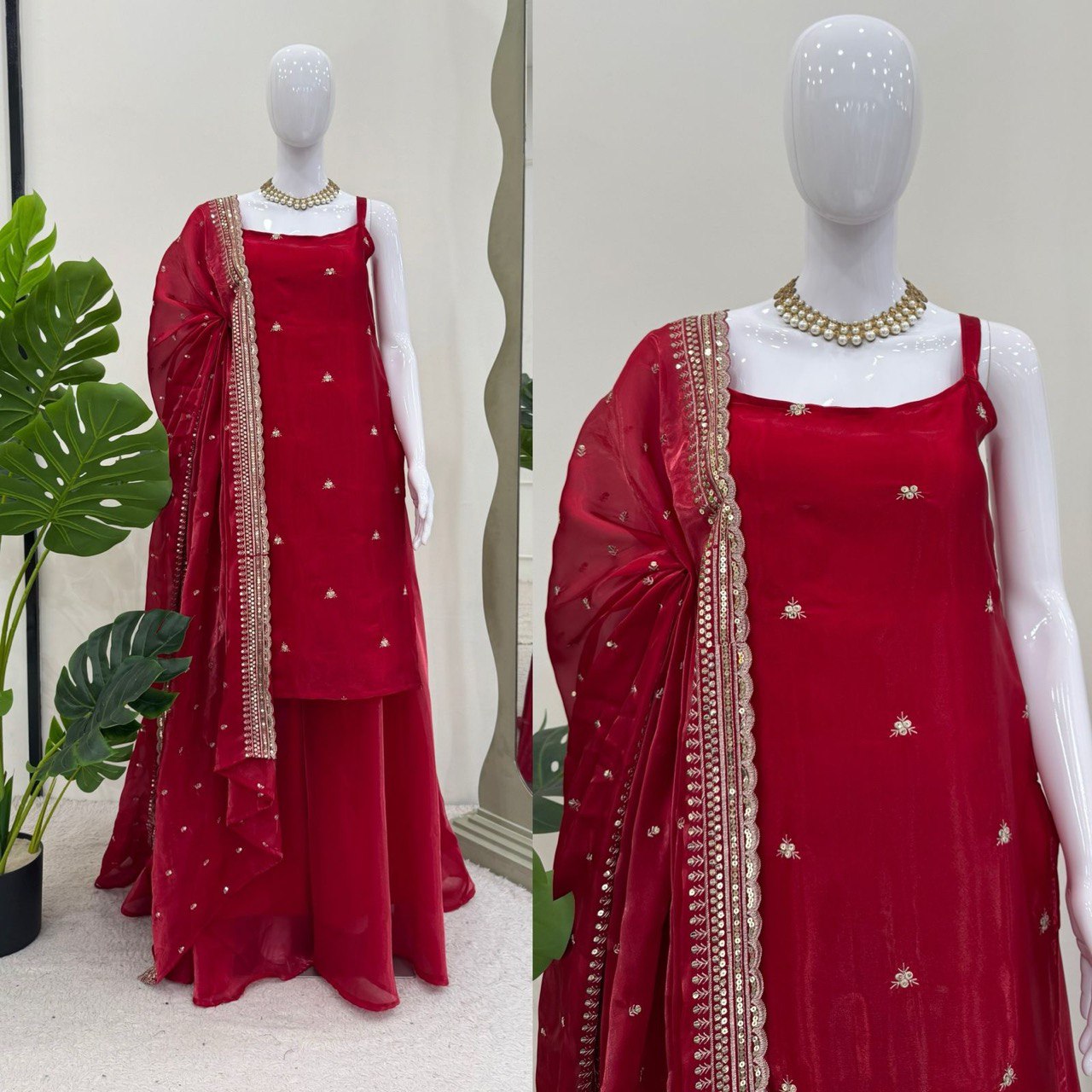 Party Wear Dark Red Color Jimmy Choo And Thread With Sequence Work Palazzo Suit