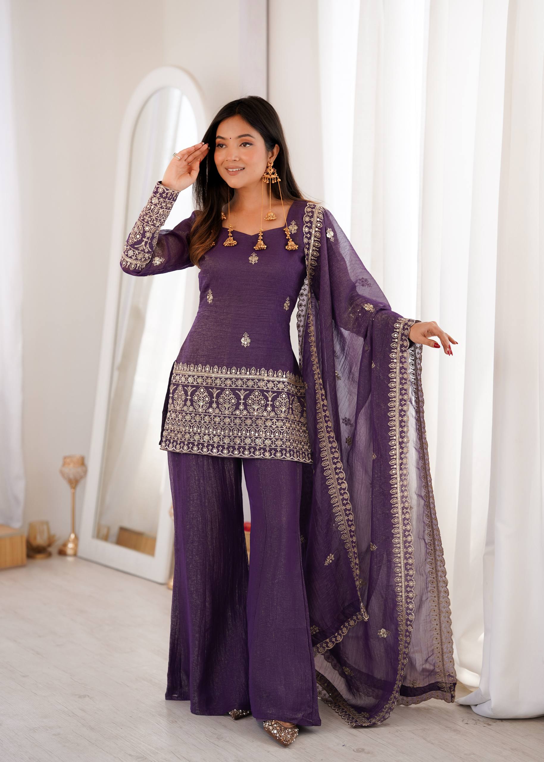 Arti Chauhan Purple Color Crunchy Silk Kurta Set With Bell Bottom Pant ...