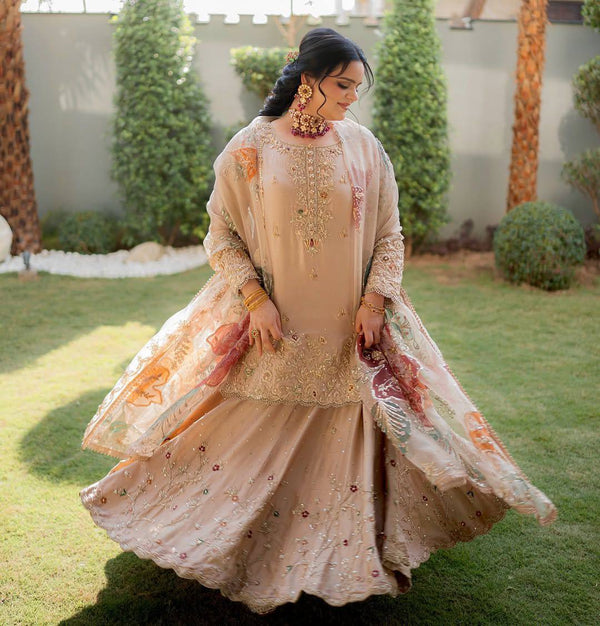 Exclusive Designer Peach Color Heavy Chinon Suit With Full-Flair Sequins Embroidered Lehenga