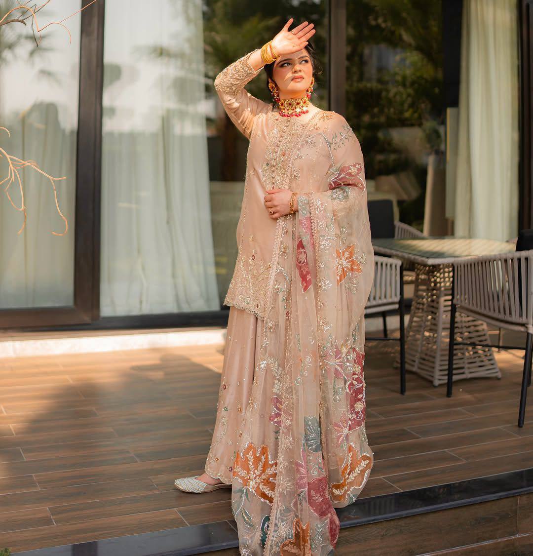 Exclusive Designer Peach Color Heavy Chinon Suit With Full-Flair Sequins Embroidered Lehenga