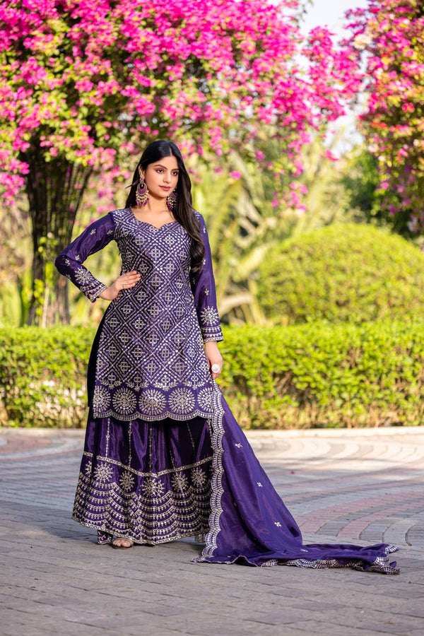 Wedding Wear Royal Blue Color Chinon Embroidery Thread And Sequence Work Palazzo Suit