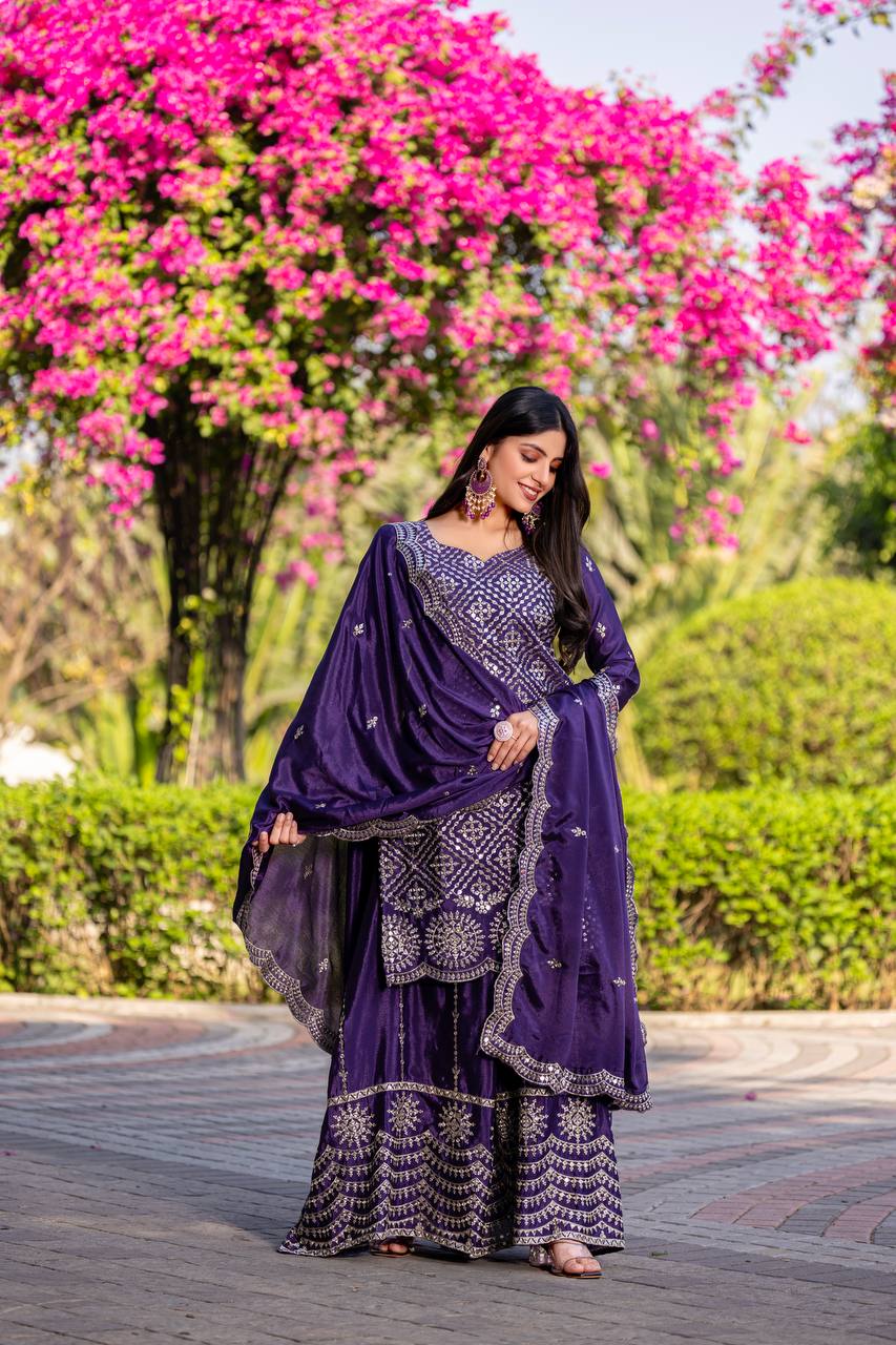 Wedding Wear Royal Blue Color Chinon Embroidery Thread And Sequence Work Palazzo Suit