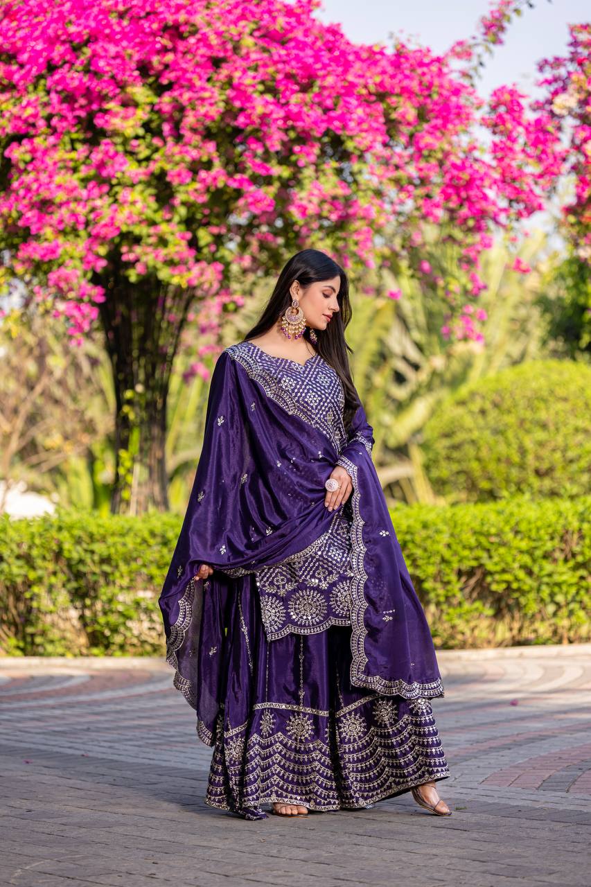 Wedding Wear Royal Blue Color Chinon Embroidery Thread And Sequence Work Palazzo Suit