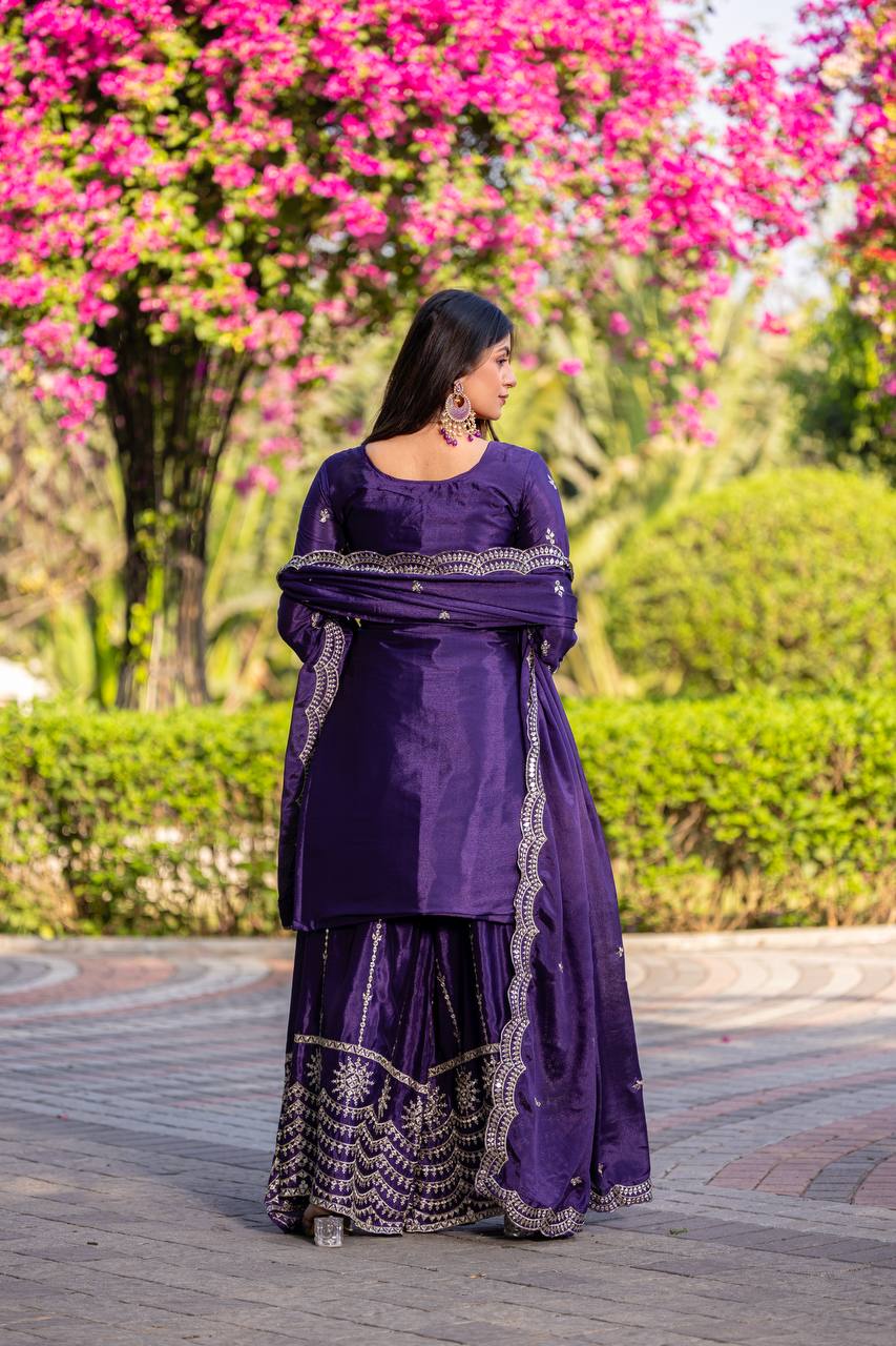 Wedding Wear Royal Blue Color Chinon Embroidery Thread And Sequence Work Palazzo Suit