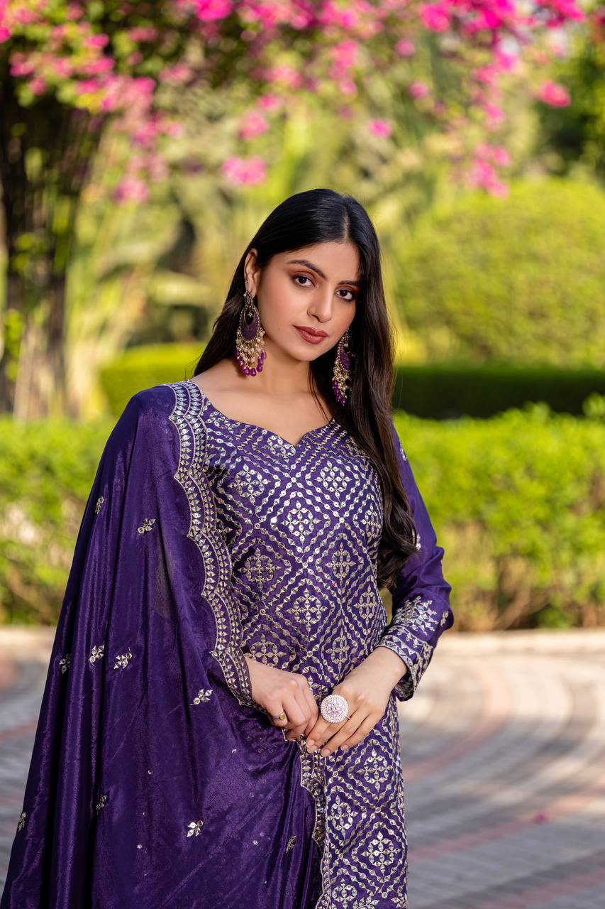 Wedding Wear Royal Blue Color Chinon Embroidery Thread And Sequence Work Palazzo Suit