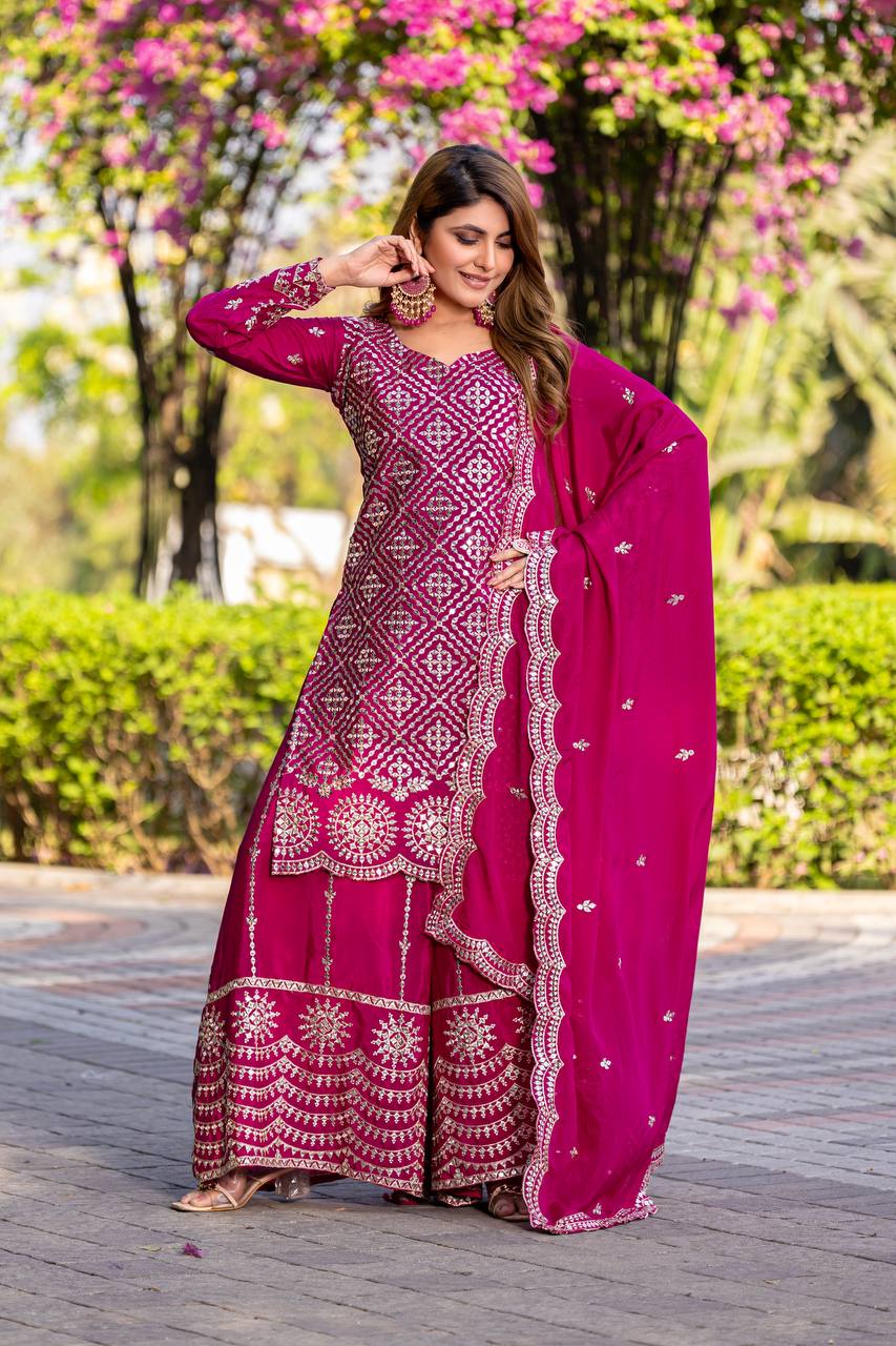Wedding Wear Pink Color Chinon Embroidery Thread And Sequence Work Palazzo Suit