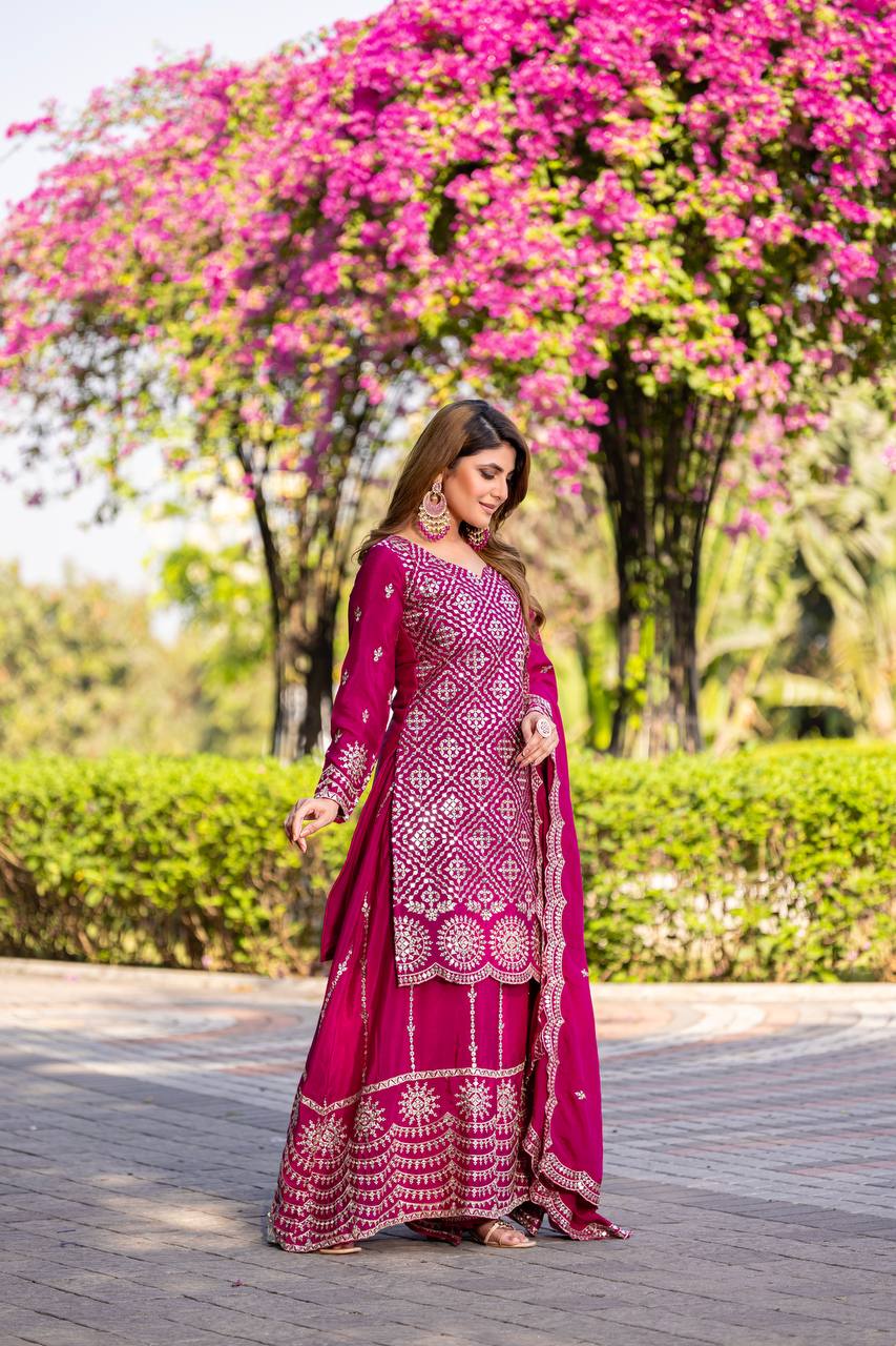 Wedding Wear Pink Color Chinon Embroidery Thread And Sequence Work Palazzo Suit