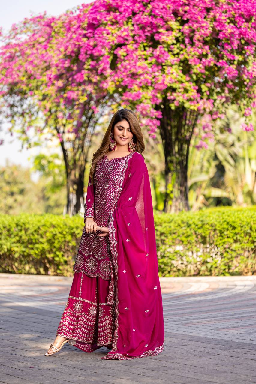 Wedding Wear Pink Color Chinon Embroidery Thread And Sequence Work Palazzo Suit
