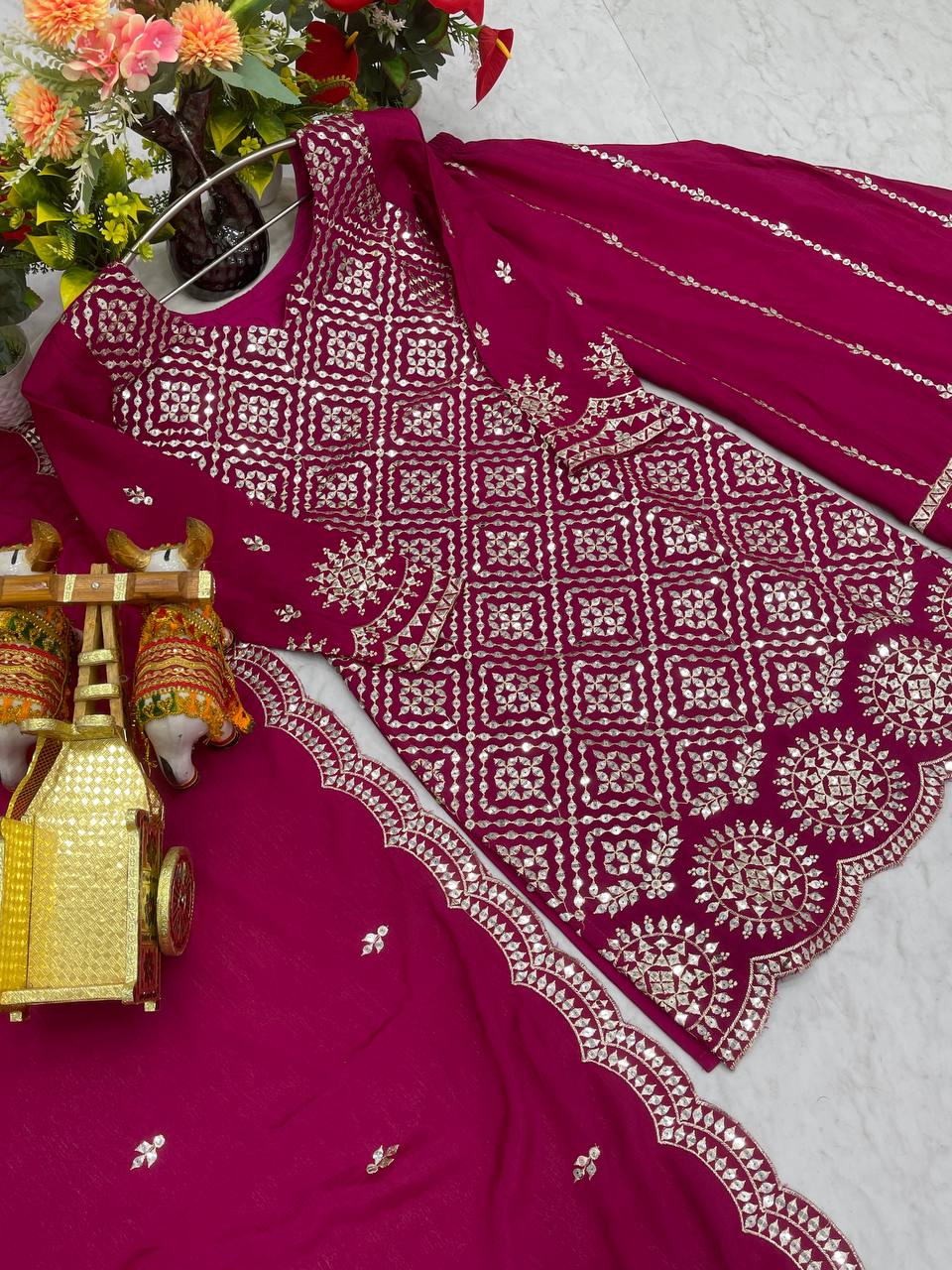 Wedding Wear Pink Color Chinon Embroidery Thread And Sequence Work Palazzo Suit