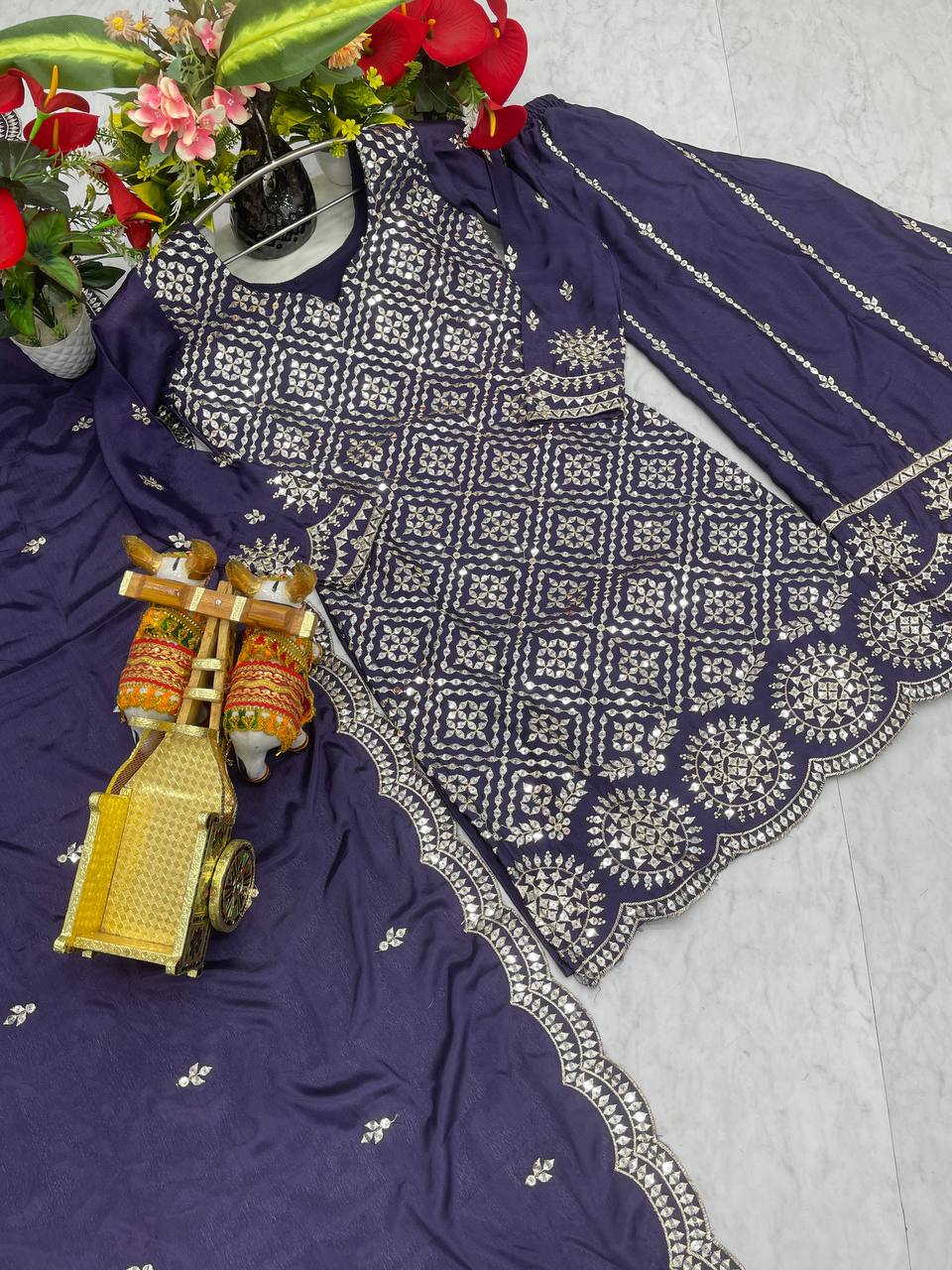 Wedding Wear Royal Blue Color Chinon Embroidery Thread And Sequence Work Palazzo Suit
