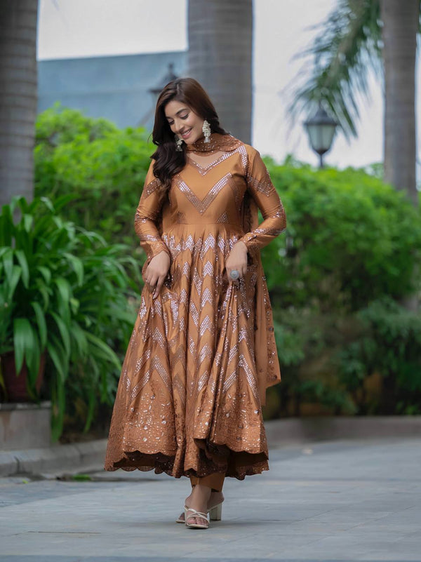 Party Wear Golden Color Pure Chinon Silk With 5mm Sequence Embroidery Work Anarkali Suit