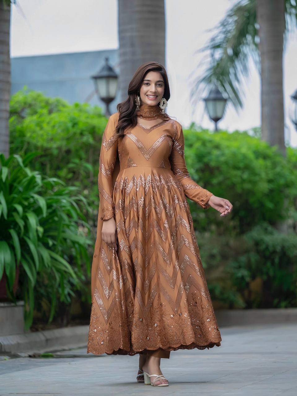 Party Wear Golden Color Pure Chinon Silk With 5mm Sequence Embroidery Work Anarkali Suit