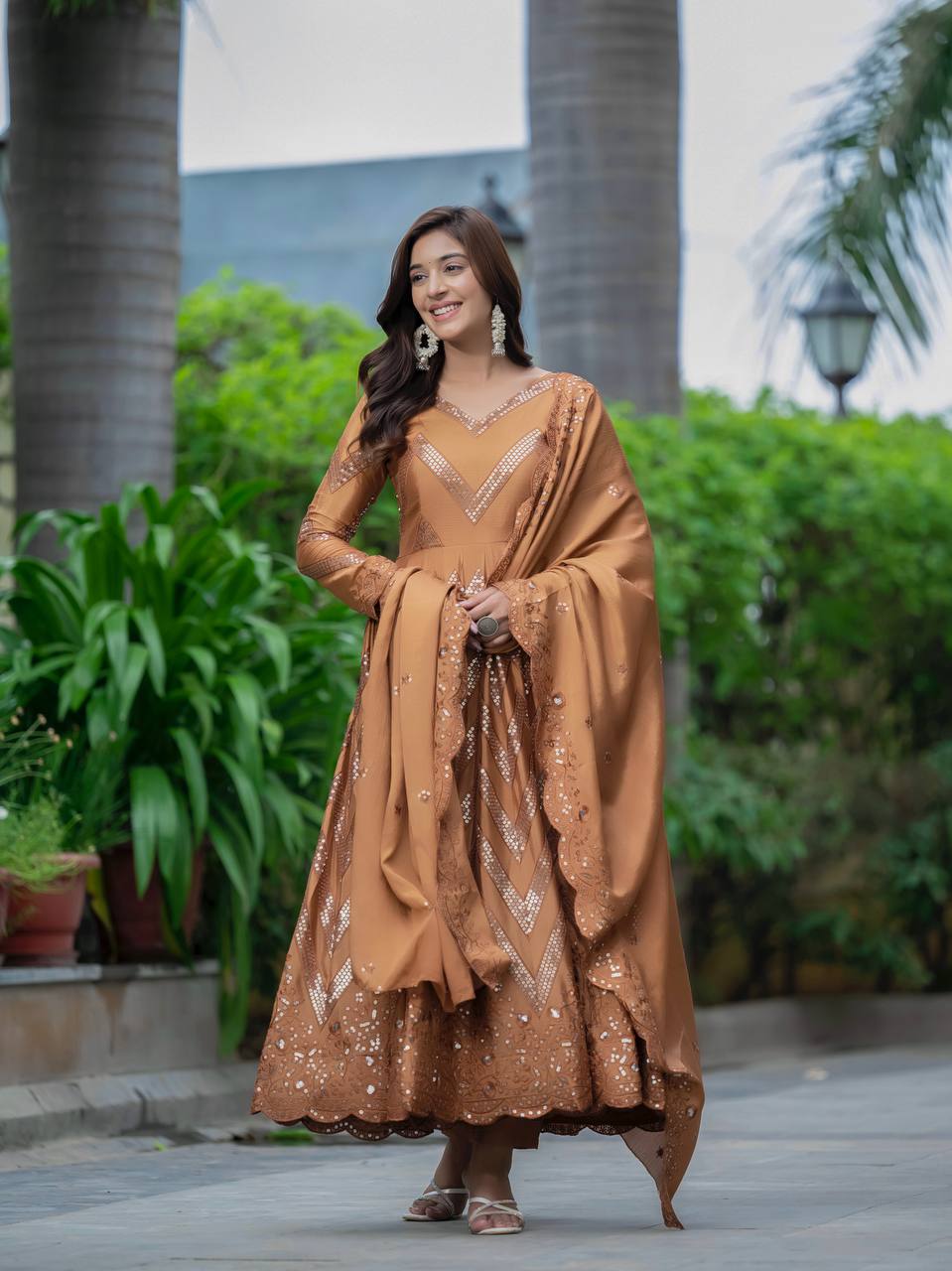 Party Wear Golden Color Pure Chinon Silk With 5mm Sequence Embroidery Work Anarkali Suit