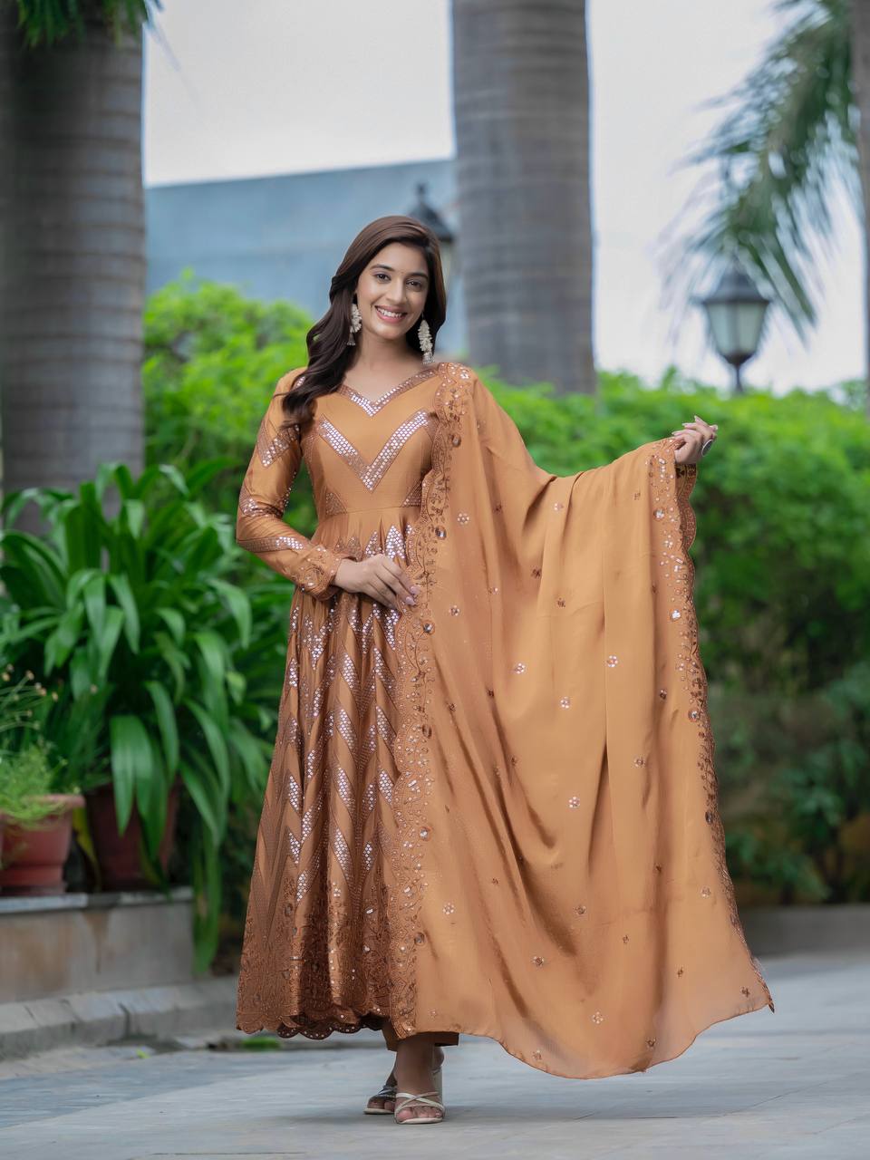 Party Wear Golden Color Pure Chinon Silk With 5mm Sequence Embroidery Work Anarkali Suit