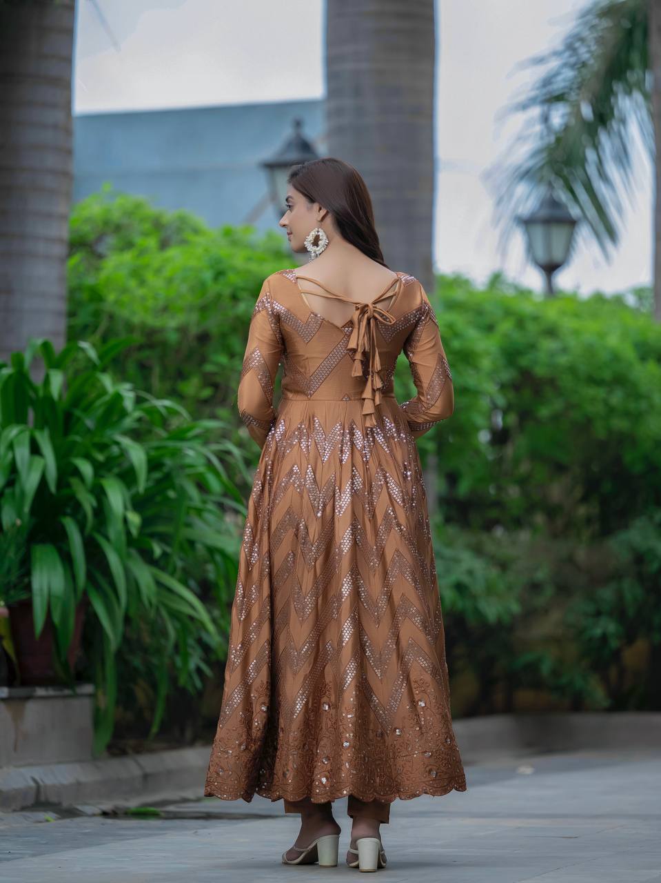 Party Wear Golden Color Pure Chinon Silk With 5mm Sequence Embroidery Work Anarkali Suit
