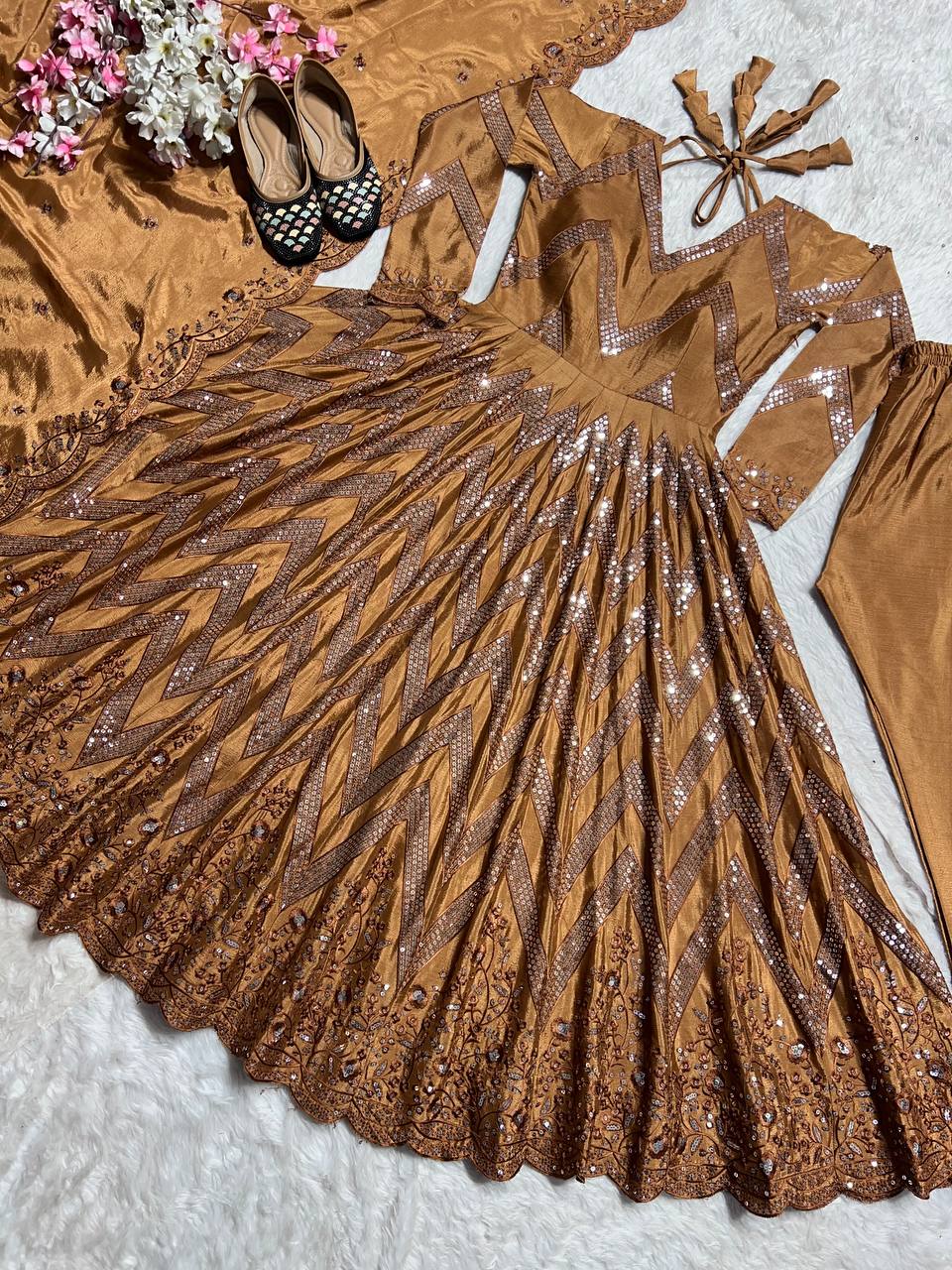 Party Wear Golden Color Pure Chinon Silk With 5mm Sequence Embroidery Work Anarkali Suit