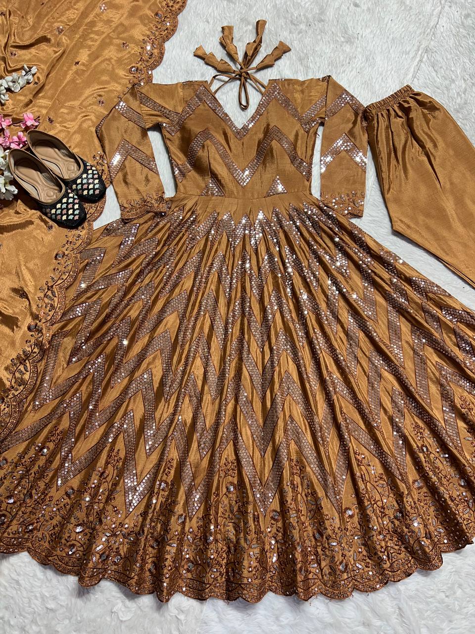 Party Wear Golden Color Pure Chinon Silk With 5mm Sequence Embroidery Work Anarkali Suit