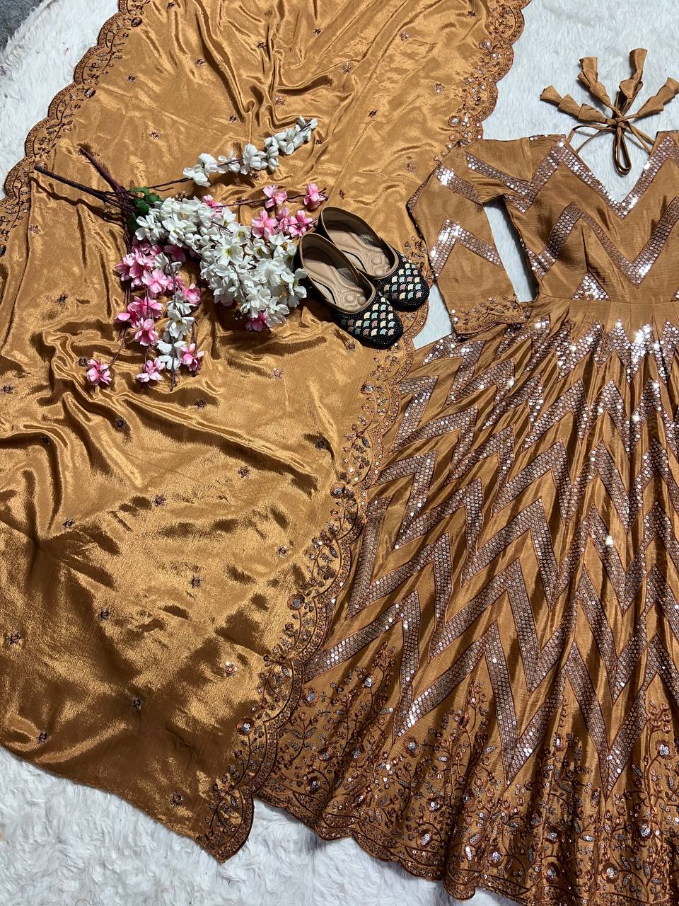 Party Wear Golden Color Pure Chinon Silk With 5mm Sequence Embroidery Work Anarkali Suit