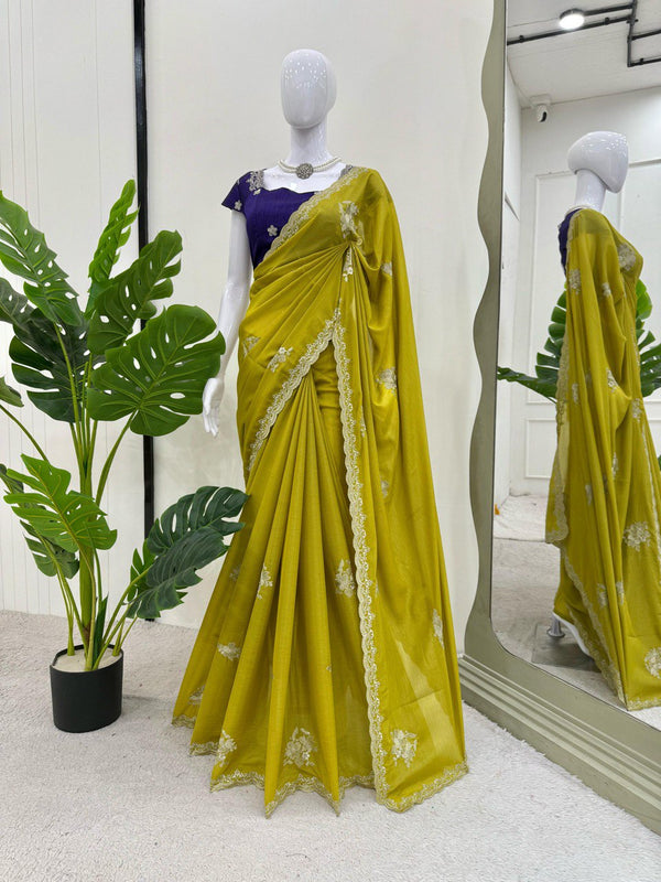 Wedding Wear Mustard Color Chiffon With Thread Work Designer Gown