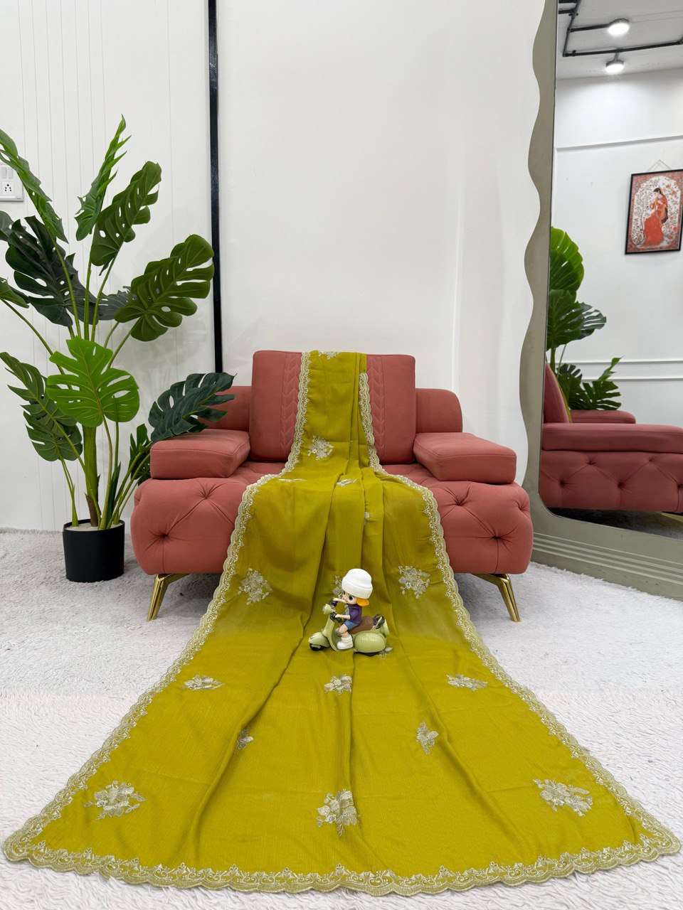 Wedding Wear Mustard Color Chiffon With Thread Work Designer Gown