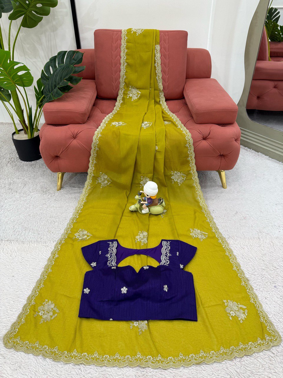 Wedding Wear Mustard Color Chiffon With Thread Work Designer Gown
