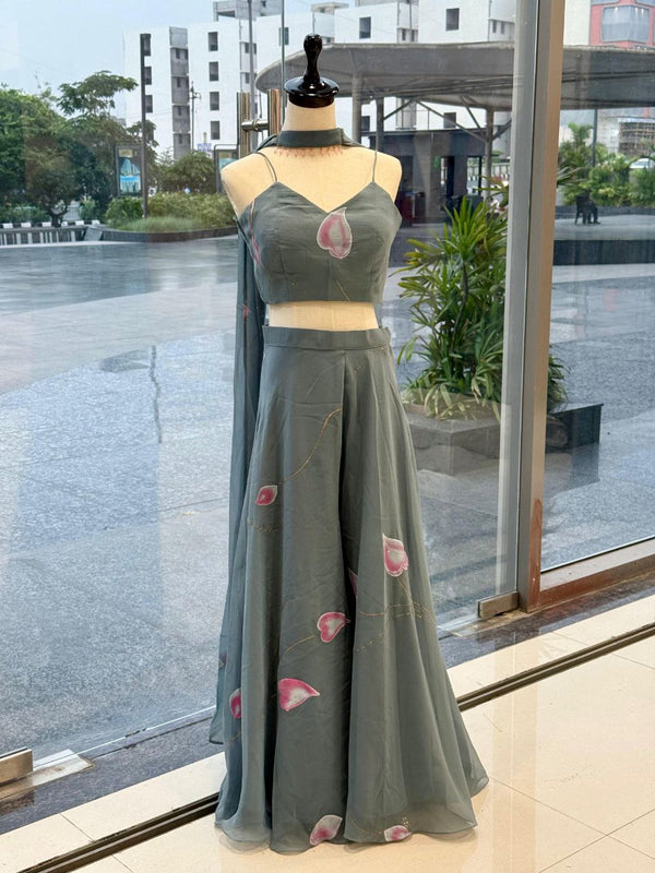 Festive Wear Light Green Color Pure Georgette Hand-Painted Palazzo Set