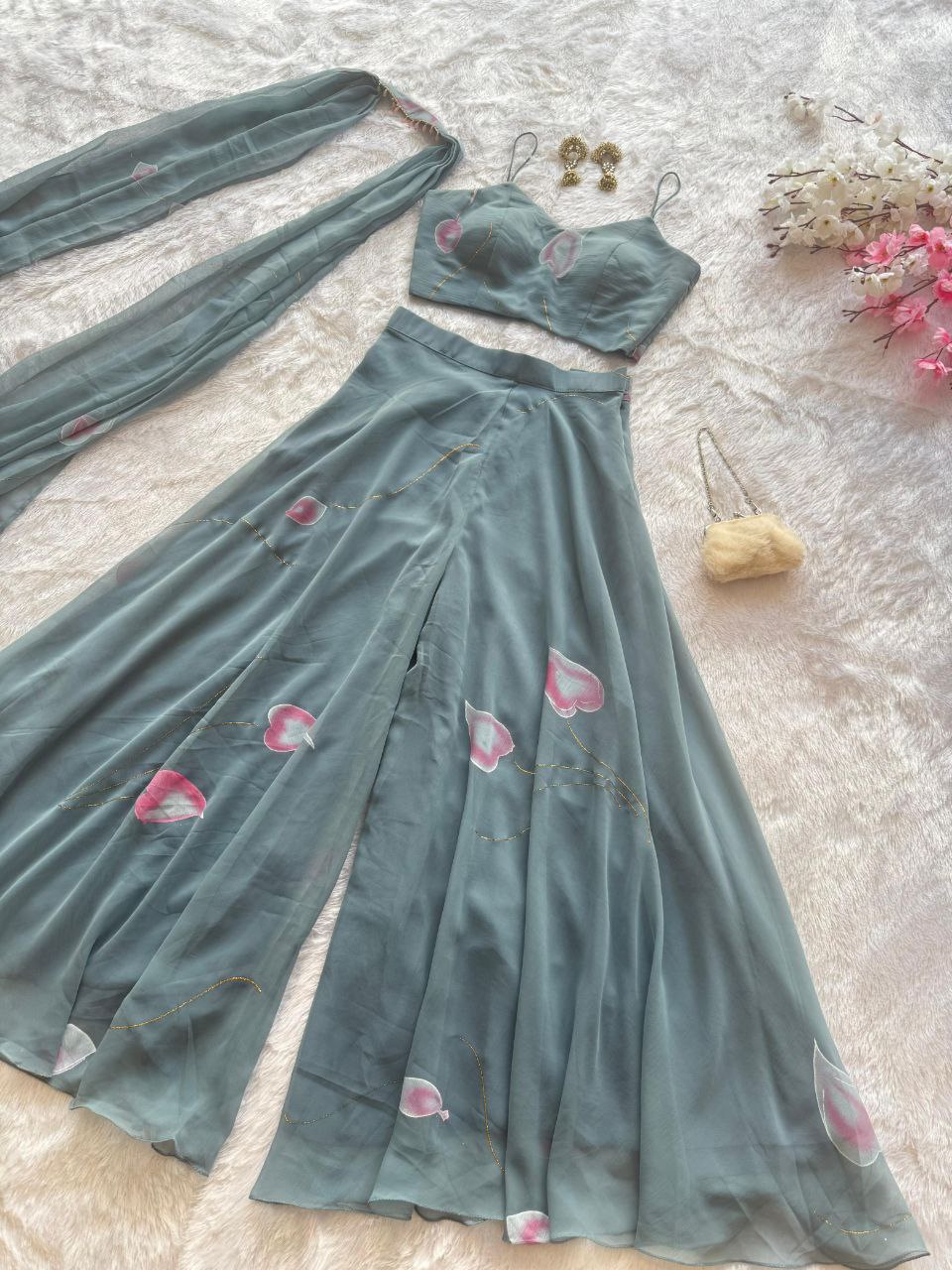 Festive Wear Light Green Color Pure Georgette Hand-Painted Palazzo Set