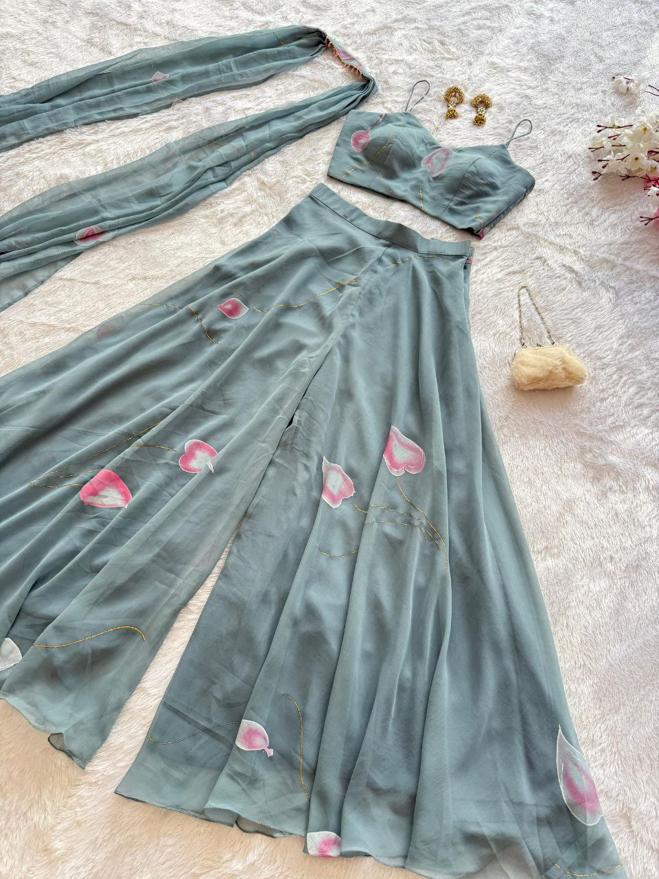 Festive Wear Light Green Color Pure Georgette Hand-Painted Palazzo Set