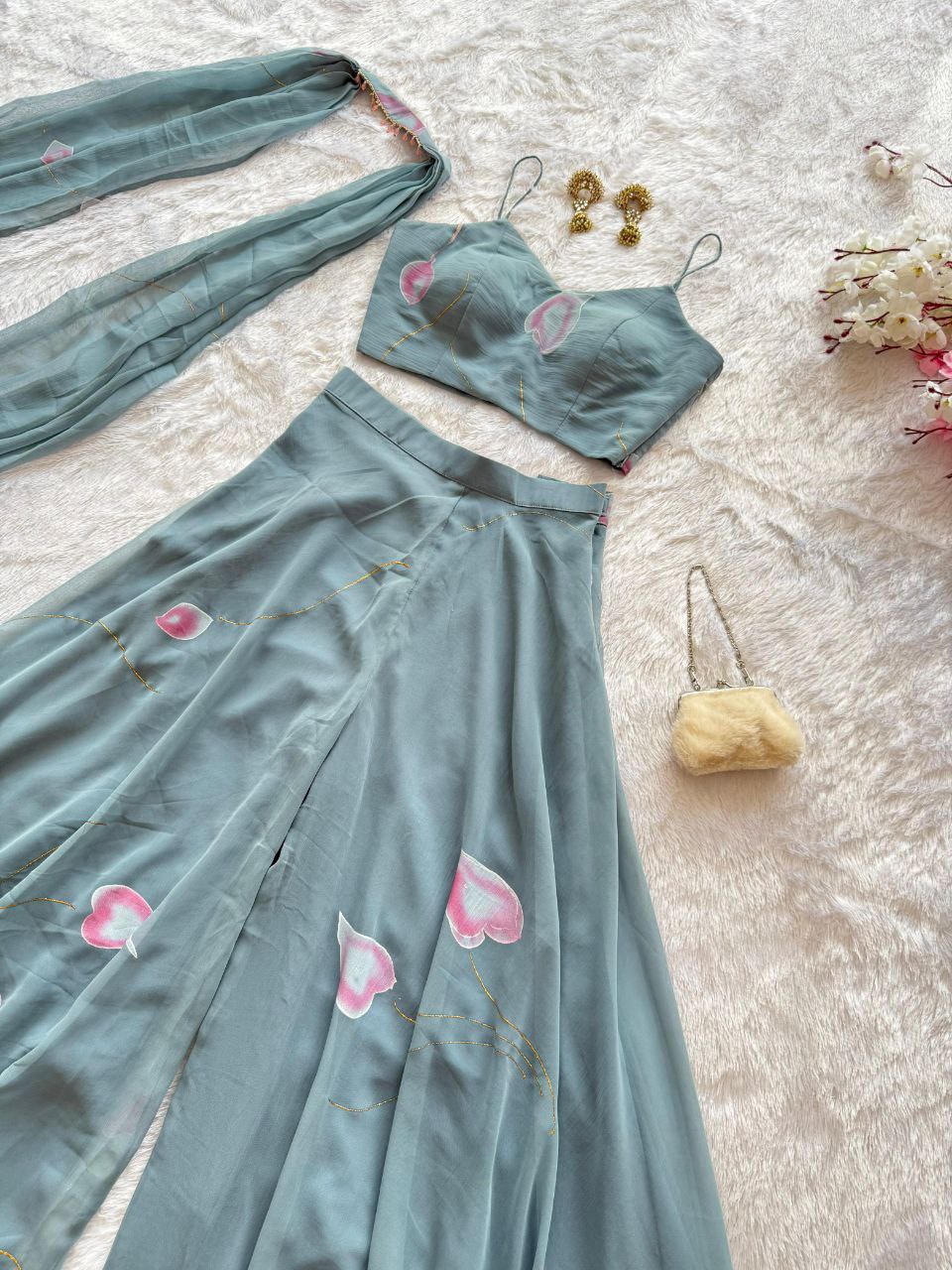 Festive Wear Light Green Color Pure Georgette Hand-Painted Palazzo Set