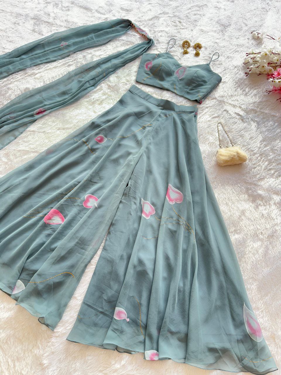Festive Wear Light Green Color Pure Georgette Hand-Painted Palazzo Set