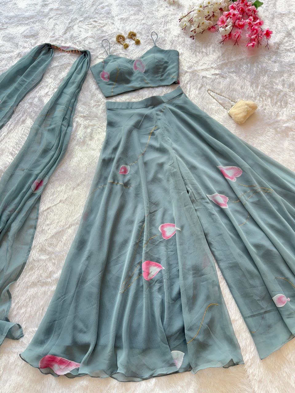 Festive Wear Light Green Color Pure Georgette Hand-Painted Palazzo Set