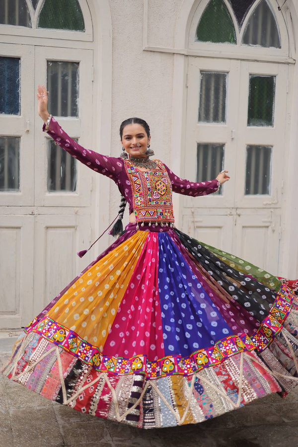 Navratri Wear Multi Color Printed Kutchi Gamthi Work Garba Lehenga Choli