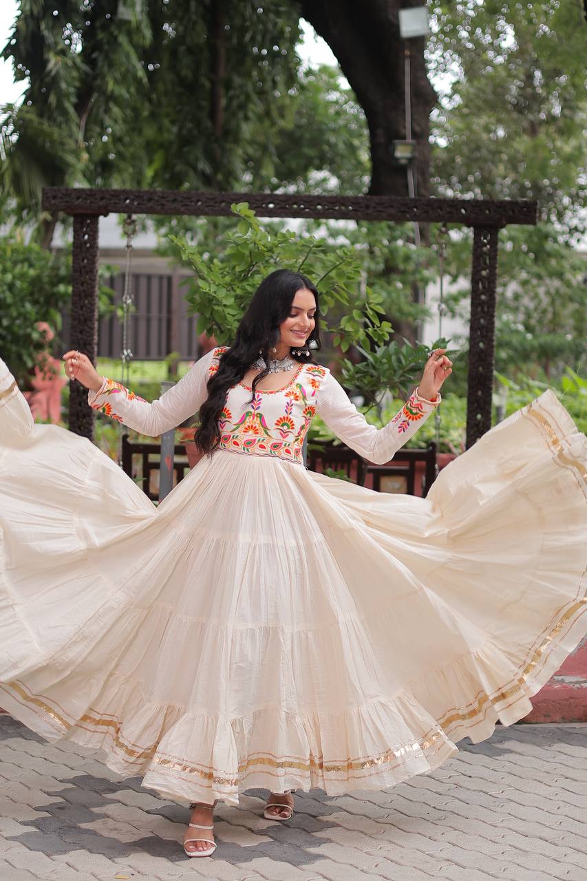 Festival Wear Off White Kora Cotton Designer Gown