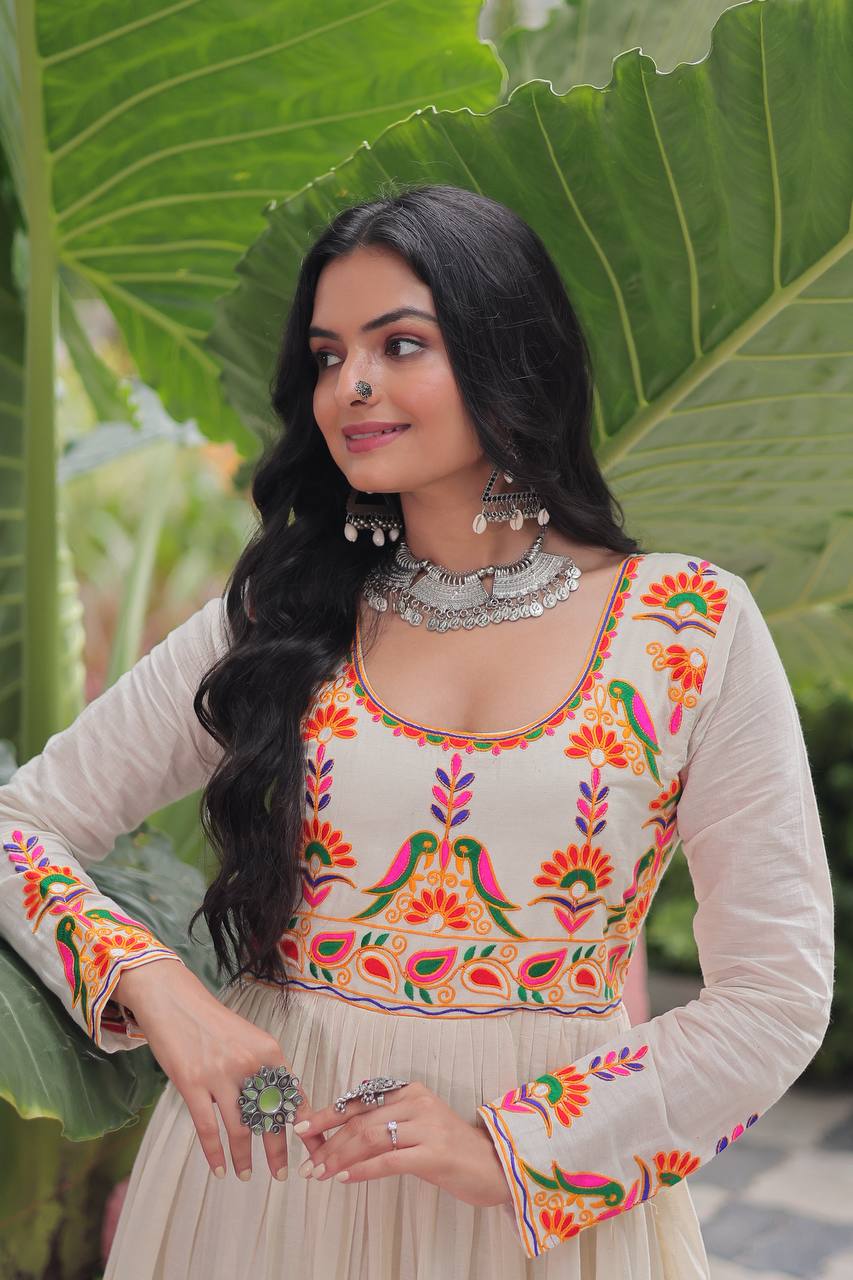 Festival Wear Off White Kora Cotton Designer Gown