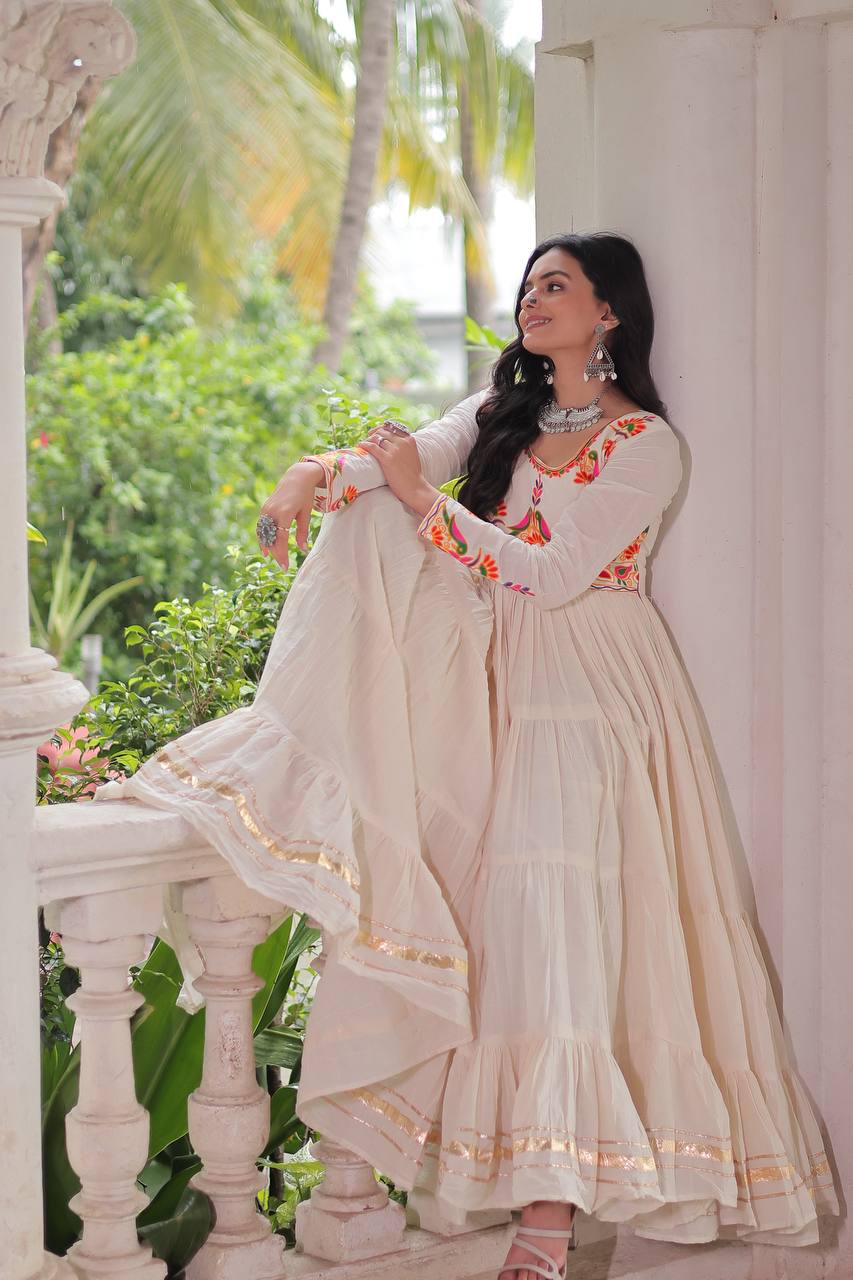 Festival Wear Off White Kora Cotton Designer Gown