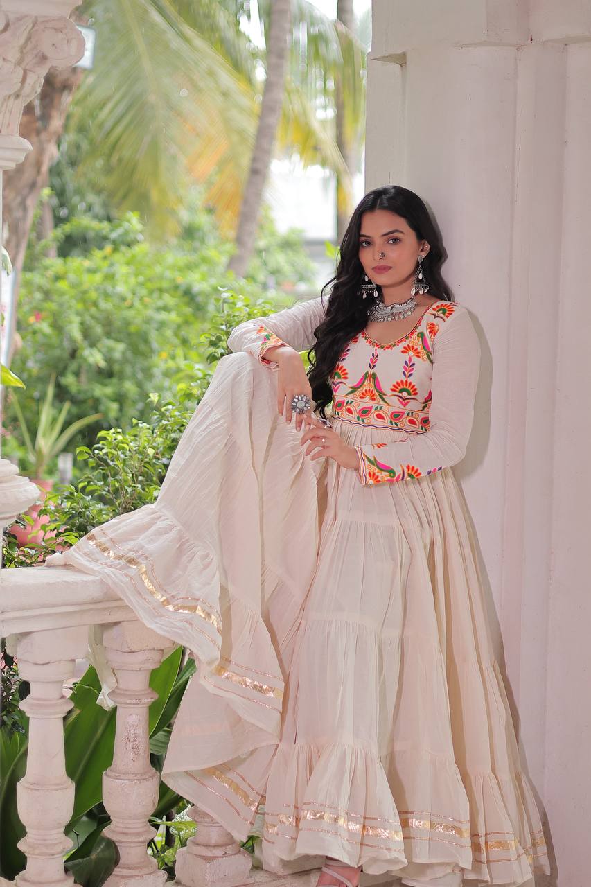 Festival Wear Off White Kora Cotton Designer Gown