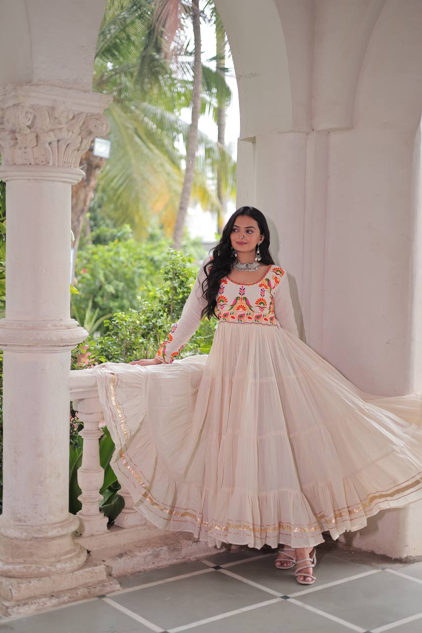 Festival Wear Off White Kora Cotton Designer Gown