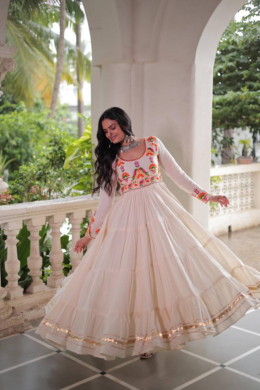 Festival Wear Off White Kora Cotton Designer Gown
