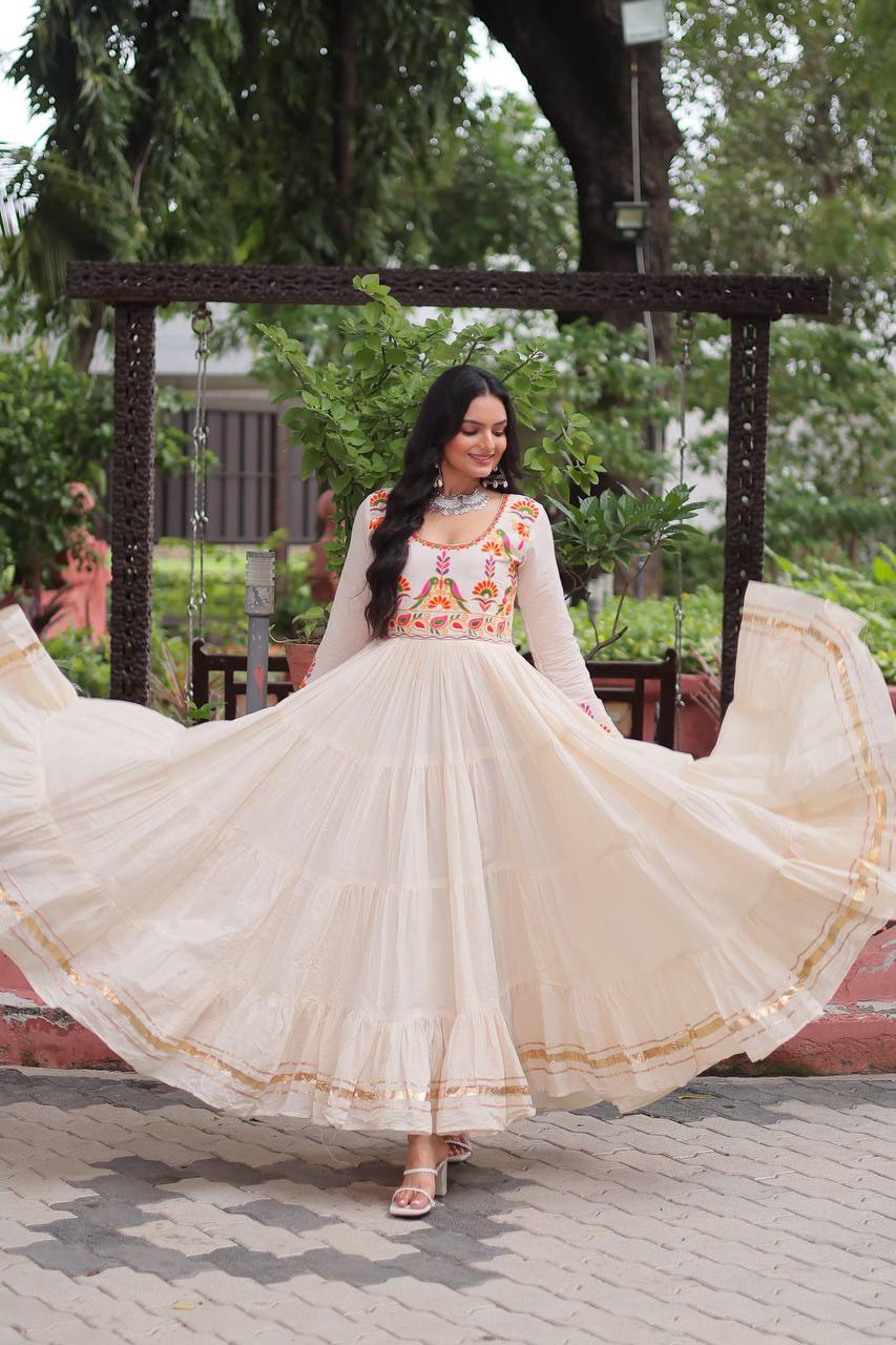 Festival Wear Off White Kora Cotton Designer Gown