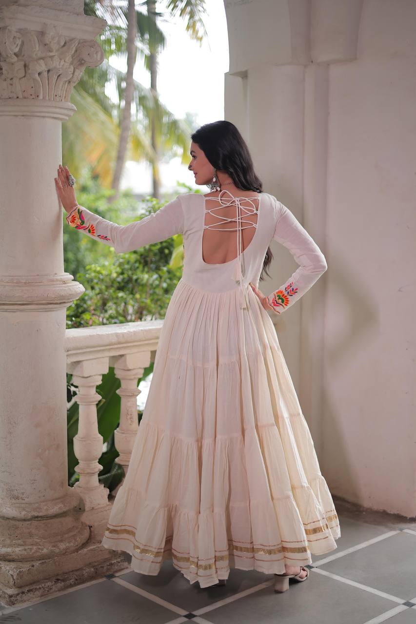Festival Wear Off White Kora Cotton Designer Gown